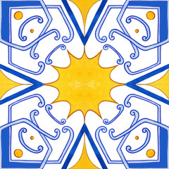Majolica watercolor seamless pattern. Sicilian hand drawn ornament. Traditional blue and yellow ceramic tiles. Portuguese traditional azulejo pattern. Moroccan style..