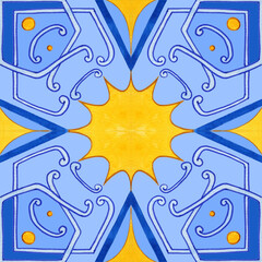 Fototapeta na wymiar Majolica watercolor seamless pattern. Sicilian hand drawn ornament. Traditional blue and yellow ceramic tiles. Portuguese traditional azulejo pattern. Moroccan style..