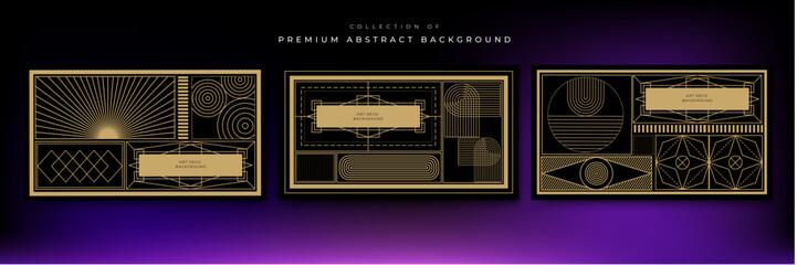 Art deco background with golden line on black background. Art deco vintage linear thin line geometric shape retro design frame badge. Art deco line border for wedding, template, greeting card, poster