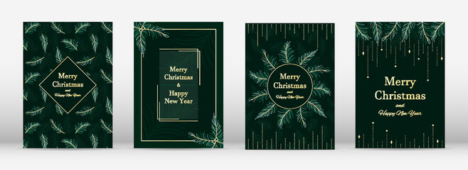 Christmas tree branch greeting holiday postcard luxury flat set. Card invitation holiday corporate modern gift gold green frame divider beads star shining xmas decoration wreath label abstract vector