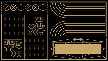 Art deco background with golden line on black background. Art deco vintage linear thin line geometric shape retro design frame badge. Art deco line border for wedding, template, greeting card, poster