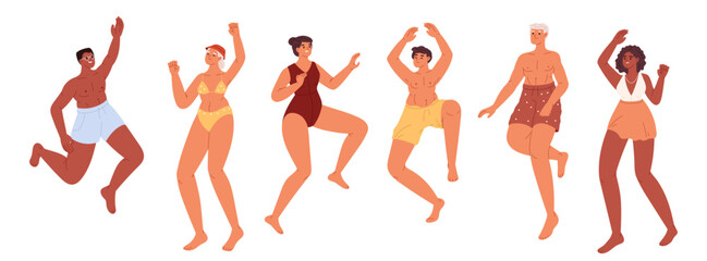Happy young people in swimwear dancing on beach summer party at seaside. Group of youth on holiday