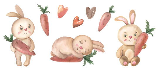 Set of Bunnies with carrot and heart. Watercolor cute animals. Baby rabbit