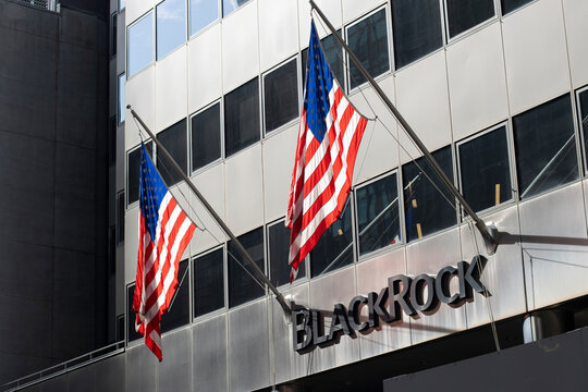 New York, NY, USA - July 5, 2022: BlackRock logo is seen at its global headquarters in New York City. BlackRock is an American global asset management firm and a provider of investment management.