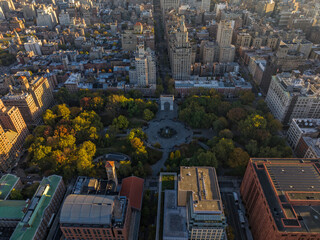 Aerial view of Washington Square Park, New York city in autumn, Lower Manhattan, morning light