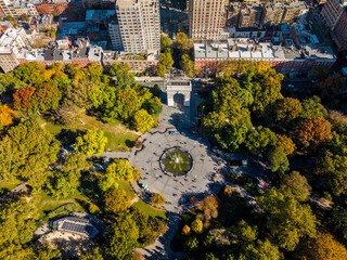 Aerial view of Washington Square Park, New York city in autumn, lower Manhattan