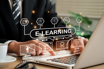 e-learning education concept, learning online with webinar, video tutorial, internet lessons. - obrazy, fototapety, plakaty