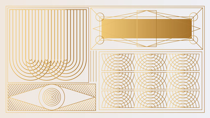 Art deco background with golden line on white background. Art deco vintage linear thin line geometric shape retro design frame badge. Art deco line border for wedding, template, greeting card, poster