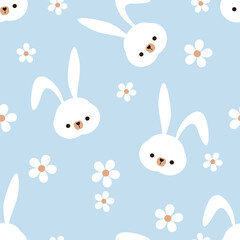 Seamless pattern with rabbit cartoons and daisy flower on blue background vector. Cute childish print.