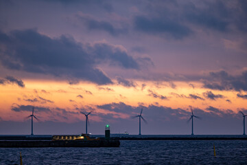 Copenhagen, Denmark Wind turbines at sea seen from the Nordhavn district.