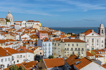 Panoramic aerial view with orange roofs of Lisbon, Portugal