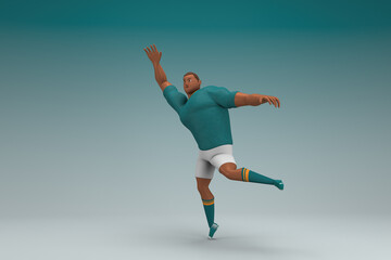 Naklejka na ściany i meble An athlete wearing a green shirt and white pants is jumping. 3d rendering of cartoon character in acting.