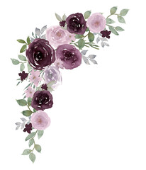Rose bouquet with leaves frame border in pink and dark red,  flowers arrangement for wedding, anniversary graphic element decoration clip art