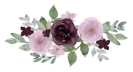 Rose bouquet with leaves border in pink and dark red, 8 flowers arrangement for wedding, anniversary graphic element decoration clip art