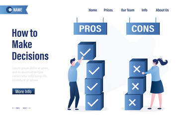 How to make decisions, landing page template. Pros and cons, business people reflects on advantages and disadvantages of new project. Smart entrepreneurs puts cubes with checkmark and cross.