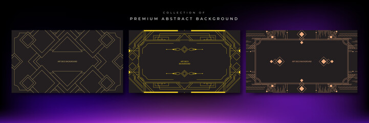 Art deco background with golden line on black background. Art deco vintage linear thin line geometric shape retro design frame badge. Art deco line border for wedding, template, greeting card, poster