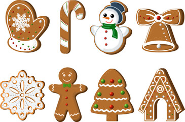 Set of Christmas gingerbread. Clipart JPEG  illustration for stickers, creating patterns, wallpaper, 
wrapping paper, for  postcards, design template, fabric, clothing, cross-stitch, embroidery.