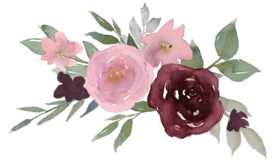 Rose bouquet with leaves border in pink and dark red, 6 flowers arrangement for wedding, anniversary graphic element decoration clip art