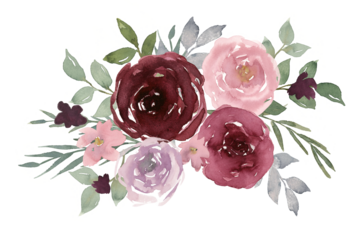 Rose bouquet with leaves border in pink and dark red, 7 flowers arrangement for wedding, anniversary graphic element decoration clip art