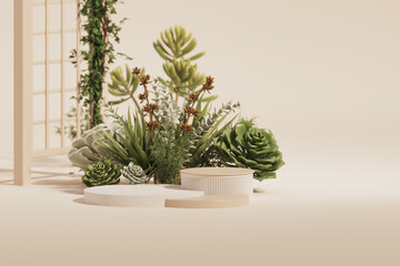 Stone podium, cosmetic display stand with nature leaves on white background. Succulents and cactus with stone podiums. Mock up for the exhibitions, presentation, therapy and health. 3d render.
