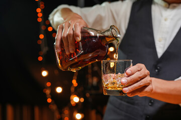Bartender Serve Whiskey, on wood bar, 