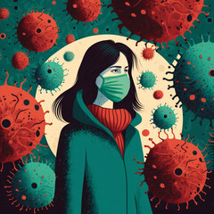 Woman wearing Covid Face Mask Surrounded by Viruses and Bacteria