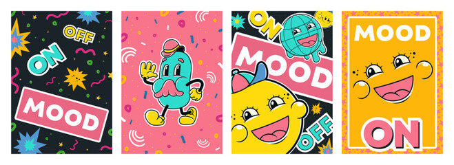 Y2k posters, mood on off concept with funny characters yellow emoji face and Earth globe smile and feel positive emotions. Retro flyers in trendy style, Cartoon vector illustration