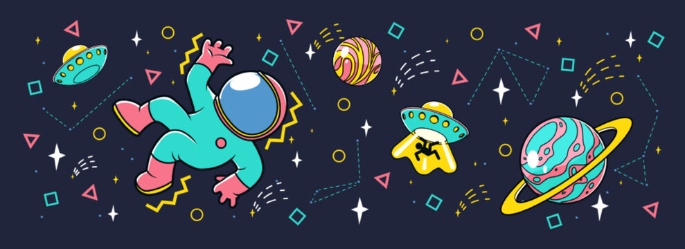 Cute astronaut in space with alien ufo saucers, planets, stars, constellations and abstract geometric shapes. Retro futuristic concept in funky style, childish design, Cartoon vector illustration