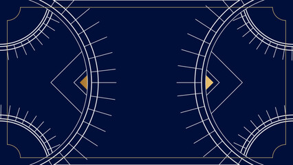 Art deco background with golden line on blue background. Art deco vintage linear thin line geometric shape retro design frame badge. Art deco line border for wedding, template, greeting card, poster