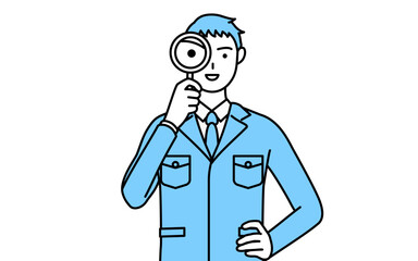 虫メガネをのぞく作業着を着た男性のシンプルな線画