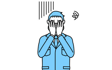 落ち込んで顔を覆う作業着を着た男性のシンプルな線画