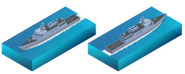 Isometric Anti-Submarine warfare Corvette. A corvette is a small warship. It is traditionally the smallest class of vessel considered to be a proper warship. Military ship © Golden Sikorka