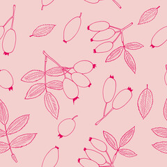 rosehip berries and leaves seamless pattern hand drawn in doodle style. Suitable for wallpaper, textile, wrapping paper, background.