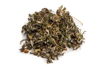 Dry tea leaves and dry fruit isolated on white background.