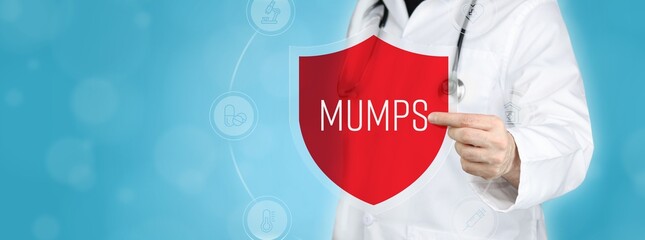 Mumps (Ziegenpeter). Arzt hält rotes Schutzschild umgeben von Icons im Kreis. Medizinisches Wort im Symbol