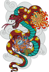 Japanese snake with cherry blossom and hibiscus flower tattoo.colorful Snakes and flowers. Tattoo design. Hand drawn snake vector illustration.
