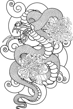 Japanese snake with cherry blossom and hibiscus flower tattoo.colorful Snakes and flowers. Tattoo design. Hand drawn snake vector illustration.