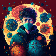 teenager, covid, covid mask, mask, viruses, virus, bacteria, illness, sickness, illustration, art
