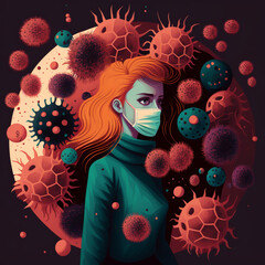 Woman with covid mask surrounded by viruses, illustration, digital art