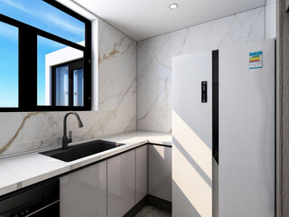 3D rendering, bright kitchen design