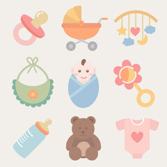 아기와 육아물품, 장난감 일러스트 벡터 아이콘 세트