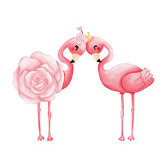 Flamingo with Bouquet of Rose heart hand drawn illustration for Valentine