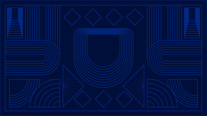 Art deco background with golden line on blue background. Art deco vintage linear thin line geometric shape retro design frame badge. Art deco line border for wedding, template, greeting card, poster