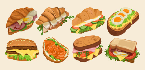 Set of sandwiches and croissants with vegetables, bacon, cheese, egg. Vector flat appetizing illustration