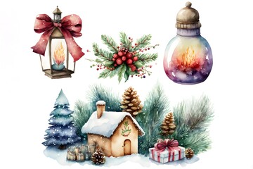 Bright watercolor Merry Christmas set of traditional decor and elements. Spices, decoration, cookies, gifts and plants. Elements of a Christmas mood on a white background.