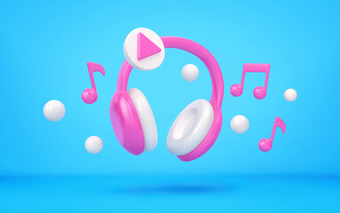 Headphones and musical notes flying over blue background. Music app concept