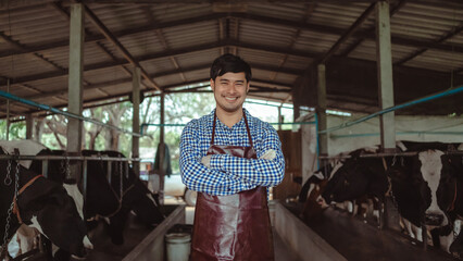 smiling and happy farmers at the dairy farm. Agriculture industry, farming and animal husbandry concept ,Cow on dairy farm eating hay.