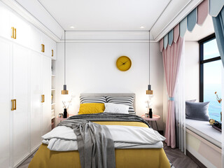 3D rendering, clean and tidy Nordic style bedroom design