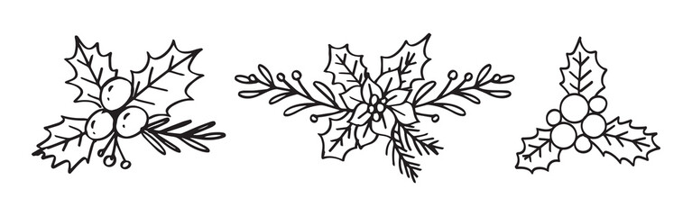 Illustration of cherries and pine leaves wreath for Christmas and winter theme ornaments. Floral hand drawn design element