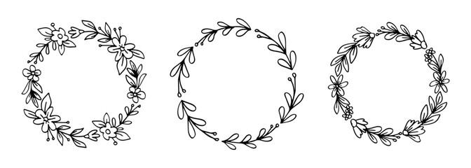 Set of flower wreath in round shape for ornament and copy space. Collection of floral hand drawn illustration design